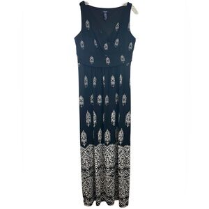 Chaps ladies maxi dress large black white casual day batik print career